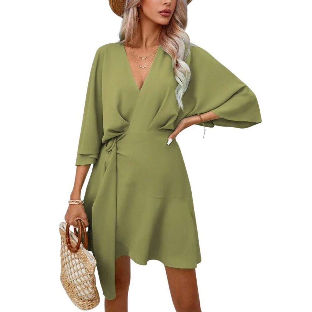 NEW Vacay Olive Green Ruffle Hem Wrap Mini Dress Large